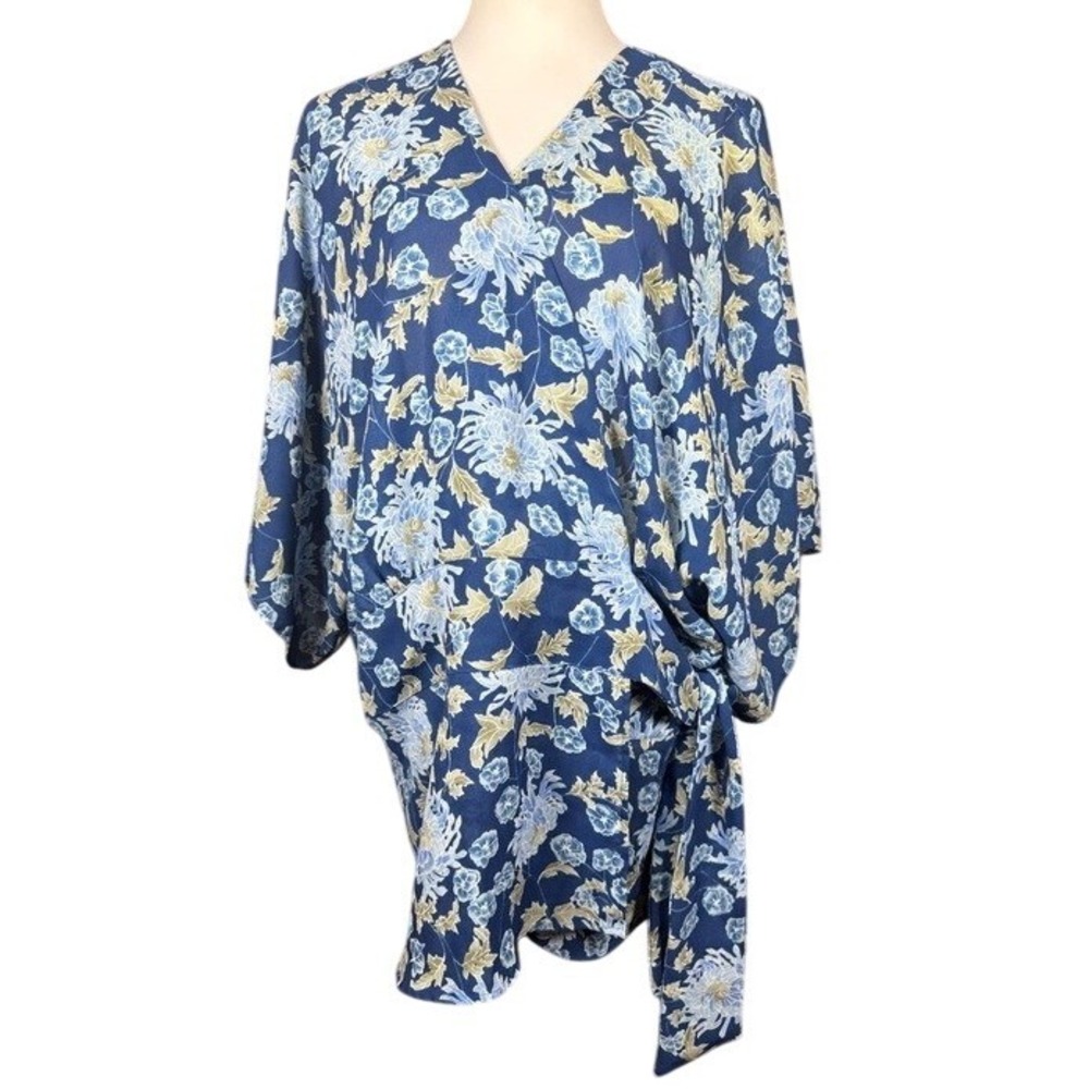 Apostrophe Woman Blue Floral Kimono Wrap Top V-Neck Plus Size 24-26W SEAS:S7